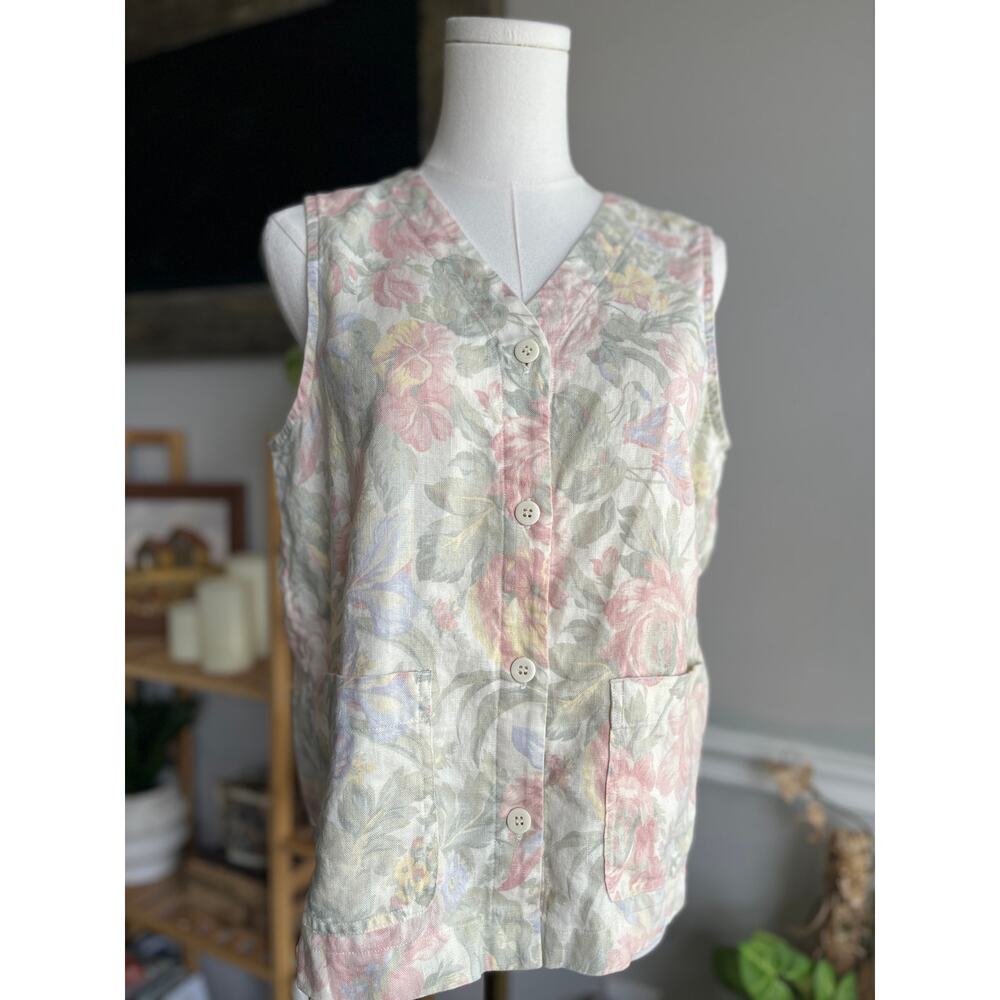 Vintage 90s Pastel Floral Vest Linen Sleeveless Blouse Button Front Size Small